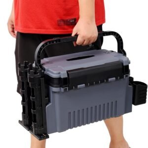 Dual-layer Fishing Tackle Box, Portable Tackle Storage Box Organizer with 2 Rod Holders and 2 Cup Holders, 11L Large Waterproof Bucket Style Fishing Gear Box with Strap, 22.5" x 9" x 13" (Gray)