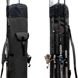 Durable Canvas Fishing Rod & Reel Organizer Bag Travel Carry Case Bag- Holds 5 Poles & Tackle
