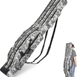 Portable 3 Layers Fishing Pole Bag Durable Oxford Folding Fishing Rod Reel Carry Case Tackle Storage Bag Case Waterproof Camouflage Travel Fishing Carrier (Grey Camouflage, 120cm/47in)