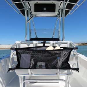 Boat Storage Bag with 3 Divisions, Adjustable Organizer, Mesh Tackle & Life Jacket Holder, Suspended Net for Leaning Post (32 INCH)