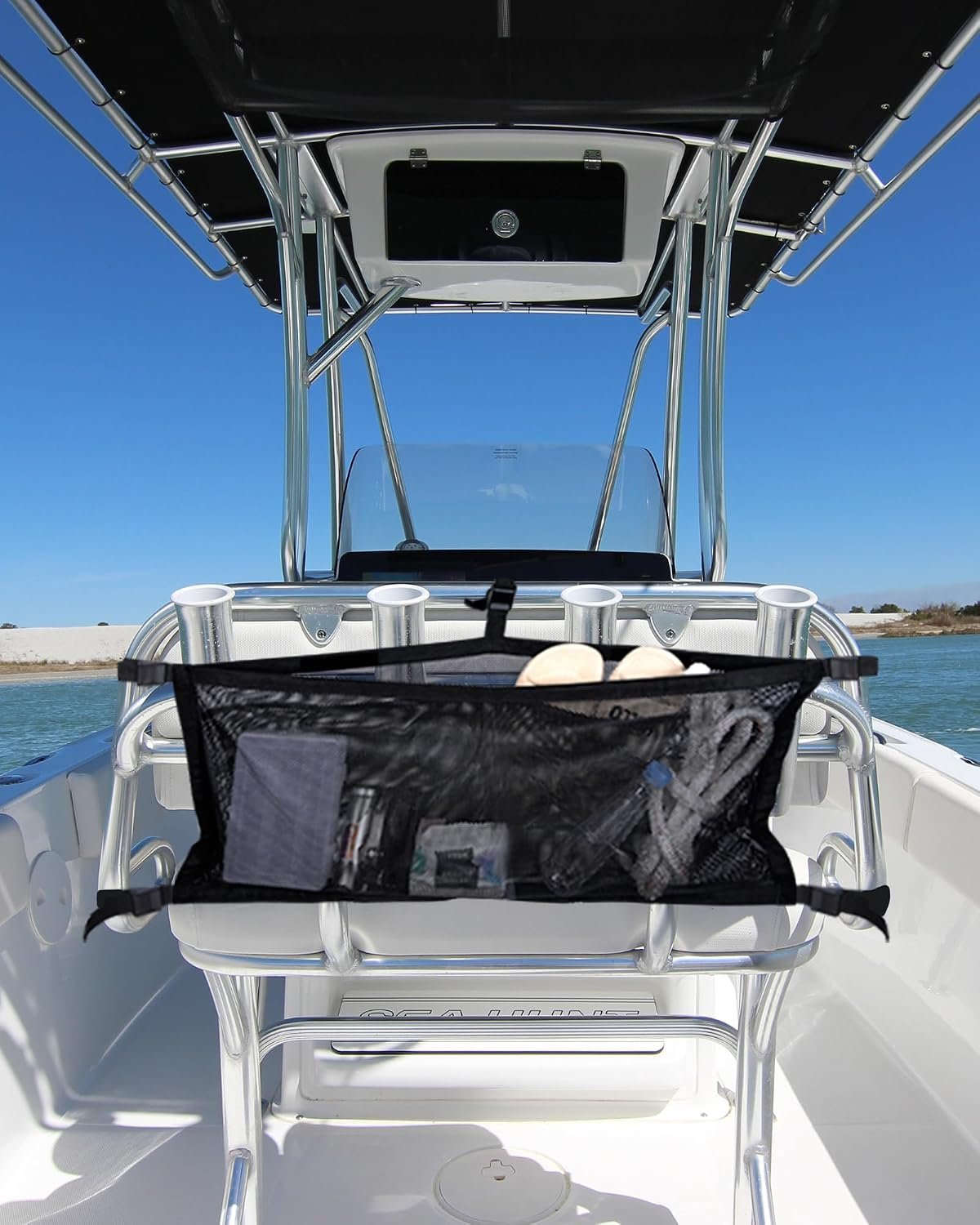 Boat Storage Bag with 3 Divisions, Adjustable Organizer, Mesh Tackle & Life Jacket Holder, Suspended Net for Leaning Post (32 INCH)