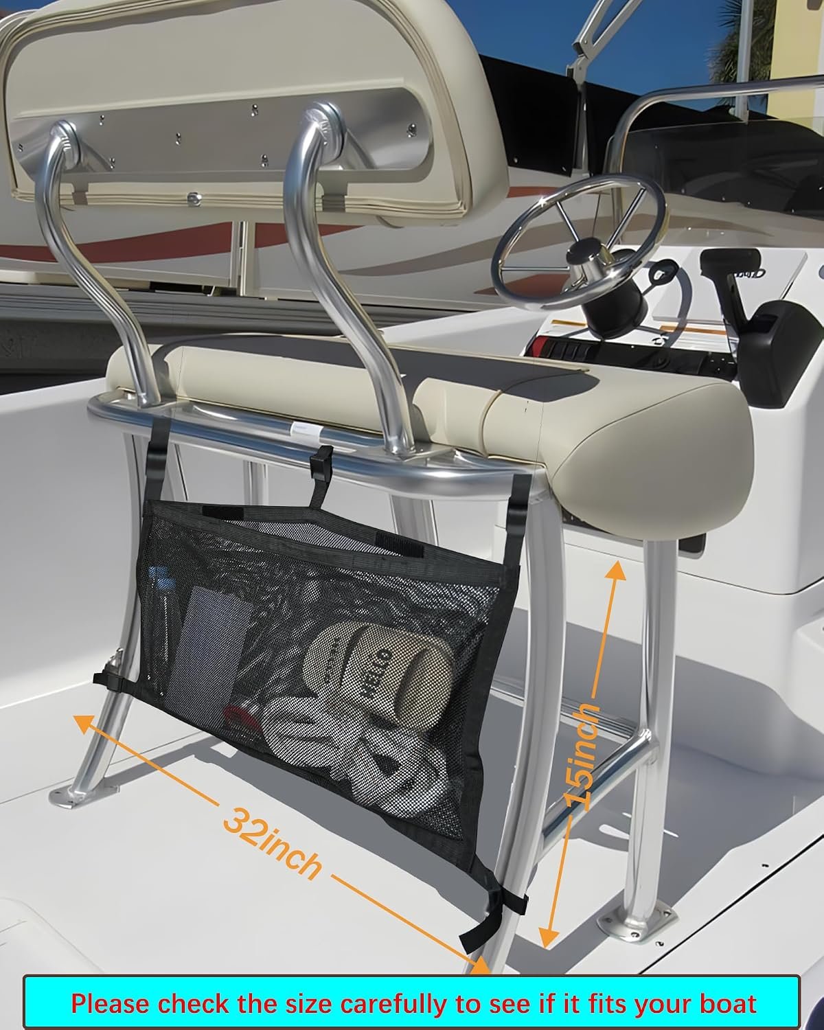 Boat Storage Bag with 3 Divisions, Adjustable Organizer, Mesh Tackle & Life Jacket Holder, Suspended Net for Leaning Post (32 INCH) - Image 2